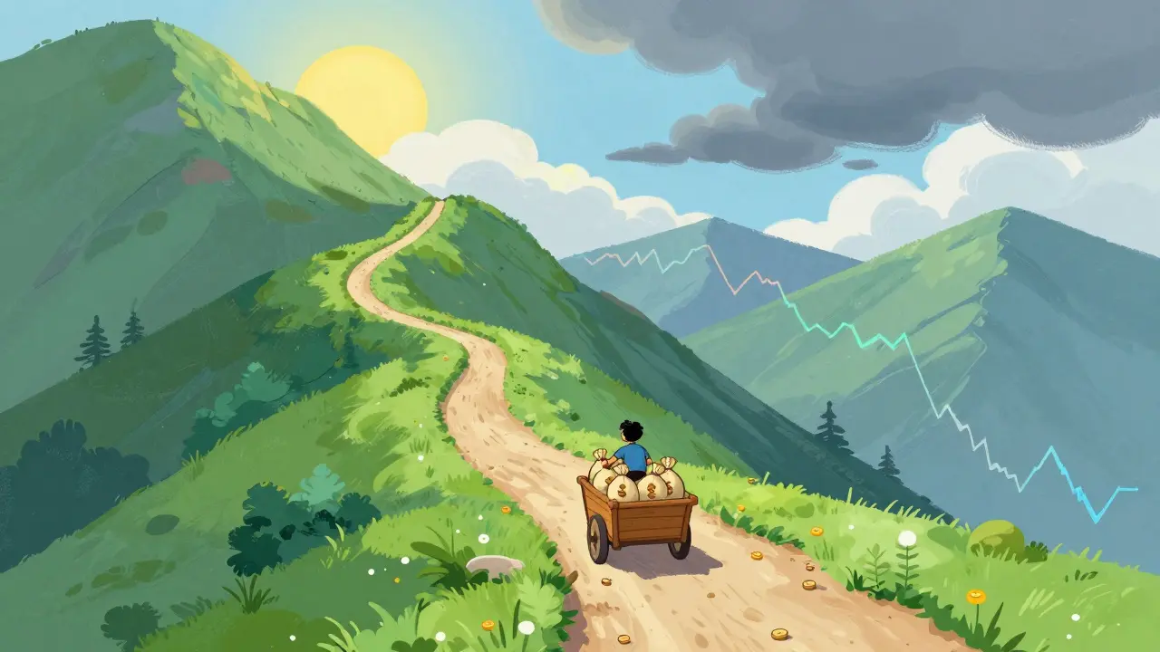Character rides cart on bumpy mountain path with coin bags