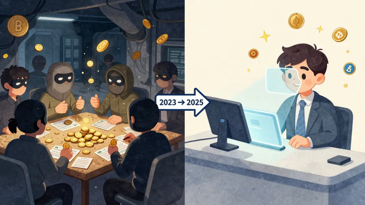 Contrasting scenes of chaotic unverified trading vs. smooth, glowing KYC verification at a modern crypto platform.