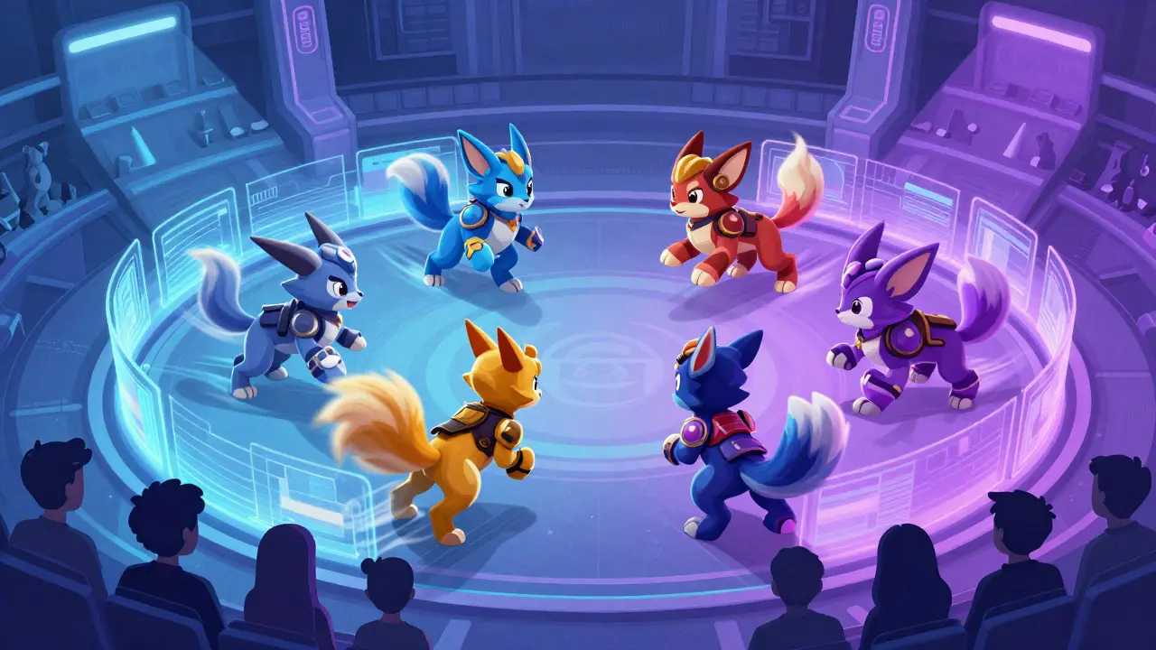 Fantasy creatures battling in arena with spectators watching