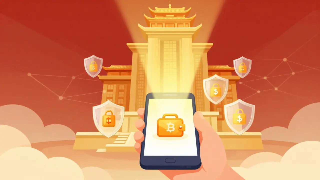 Golden light from bank tower securing a mobile wallet device.