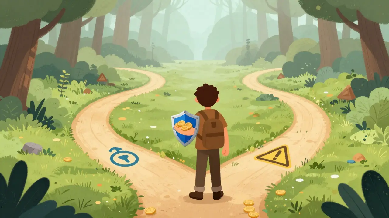 Illustrated traveler choosing a safe path while protecting digital coins with a shield.