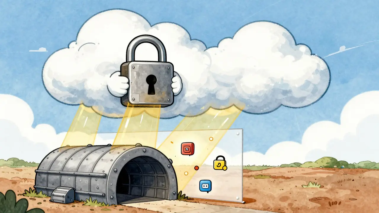Illustration of a cloud holding a lock connected to an underground bunker with light beams.