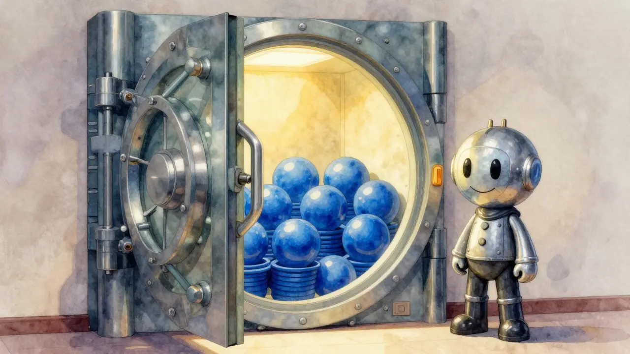 Secure vault door reveals stored bitcoin coins with guardian nearby