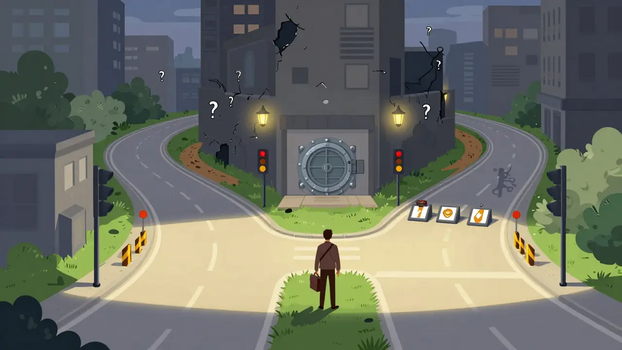 Split path showing safe legal banking versus risky underground trails.