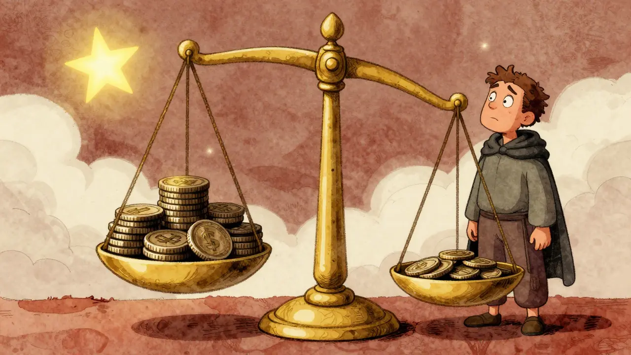 Storybook drawing of a scale weighing high fees against profits with low stars.