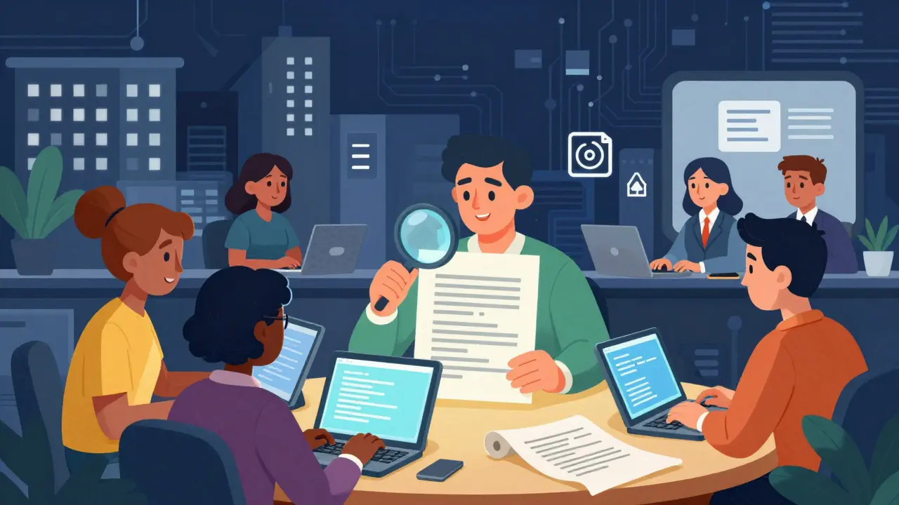 Team reviewing blockchain governance documents with legal advisors in modern office