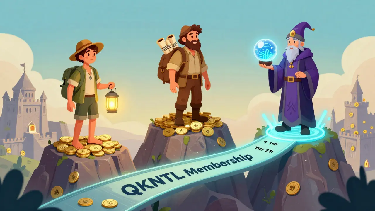 Three users with increasing access levels climb a mountain of scanned tokens toward a secure fortress.