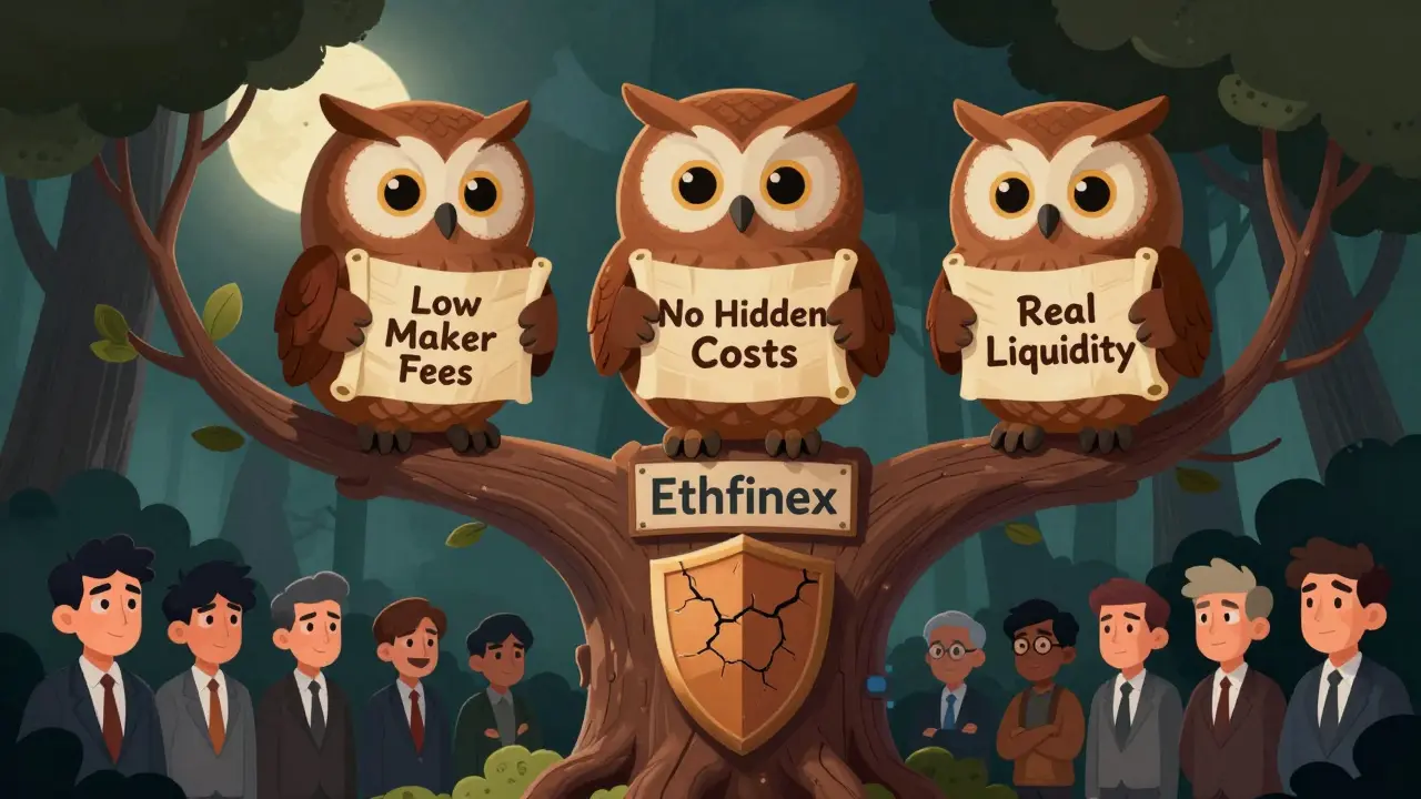 Three wise owls on a tree holding scrolls about low fees, transparency, and real liquidity.