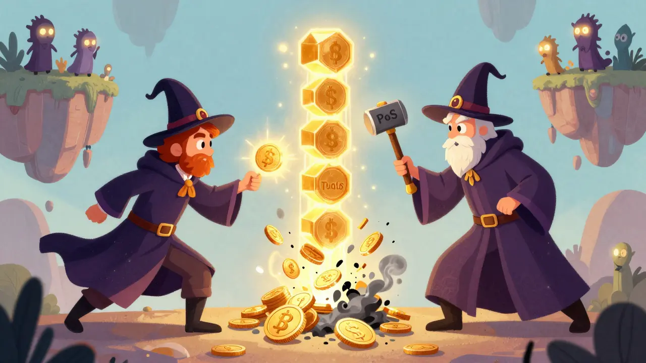 Two wizards duel over a blockchain tower—one trying to duplicate a coin, the other destroying it with a stake hammer.