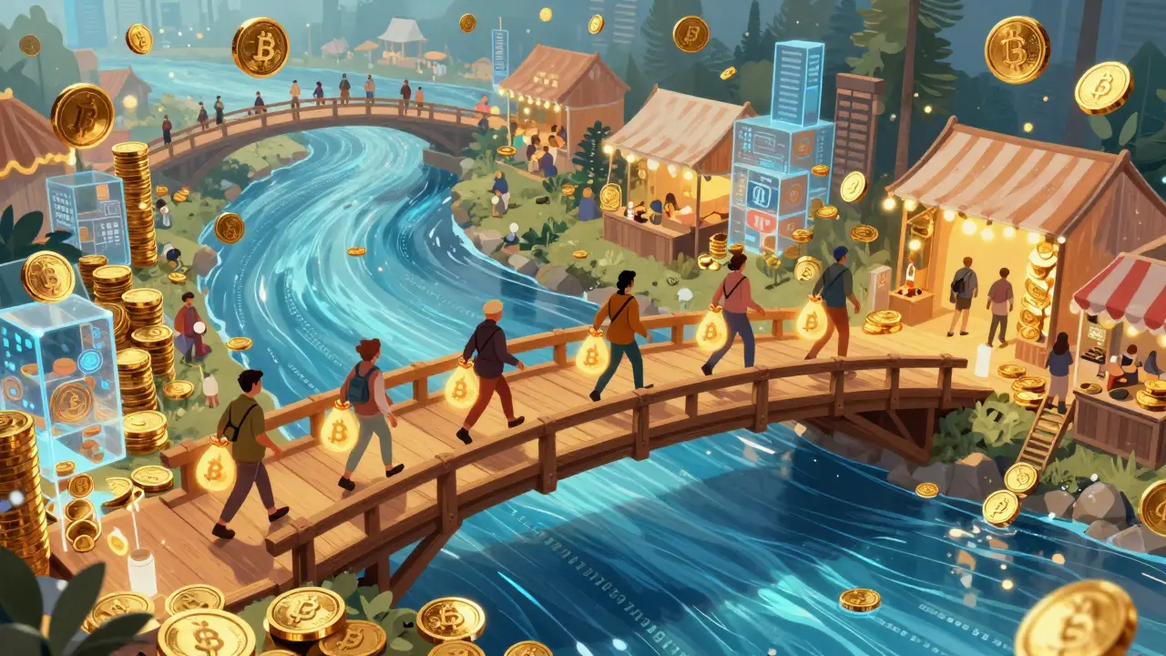 Whimsical coin city with citizens carrying glowing digital wallets.