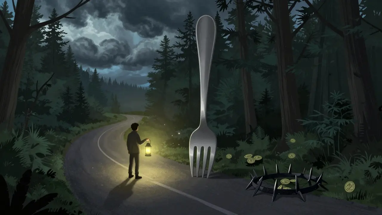 Winding path with safe glowing route and hidden traps ahead.