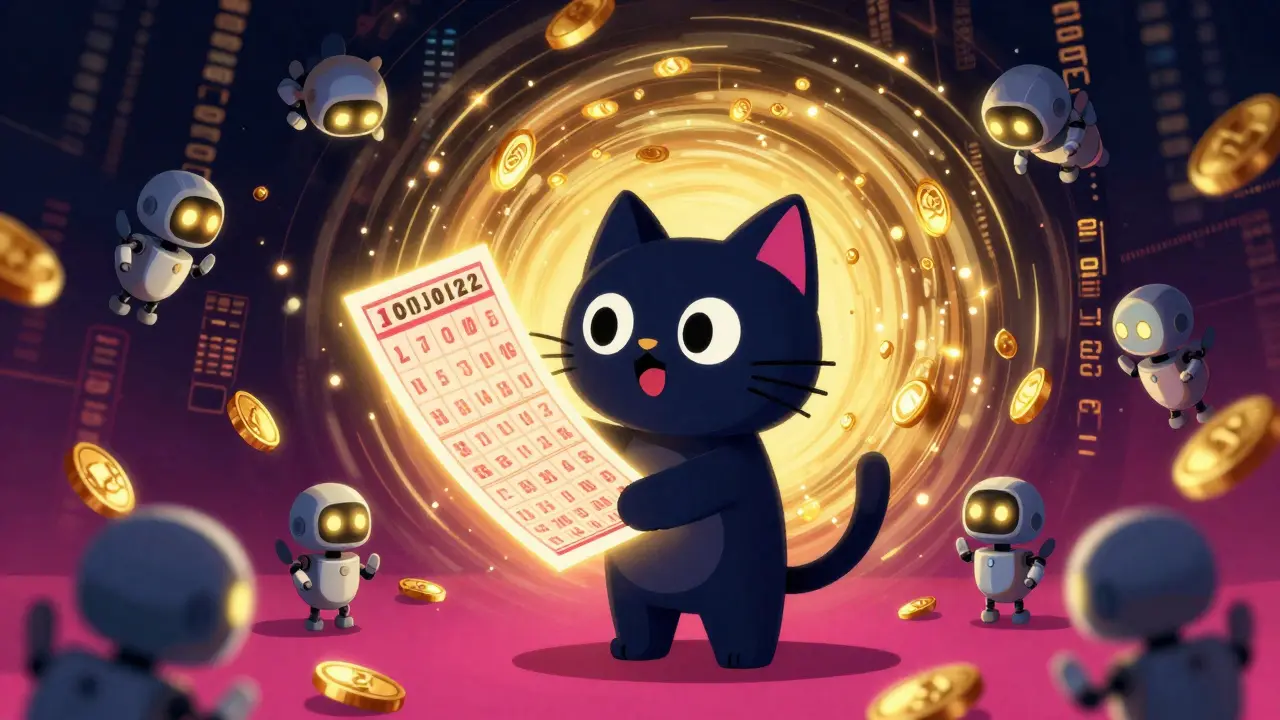 A cartoon cat with a lottery ticket surrounded by digital bots in a surreal scene.