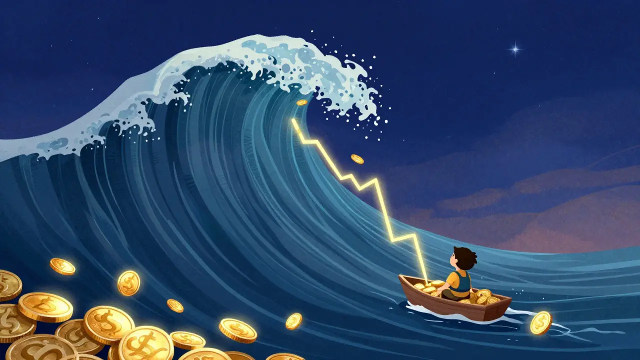 A character in a boat navigating a steep wave of gold coins representing market volatility.