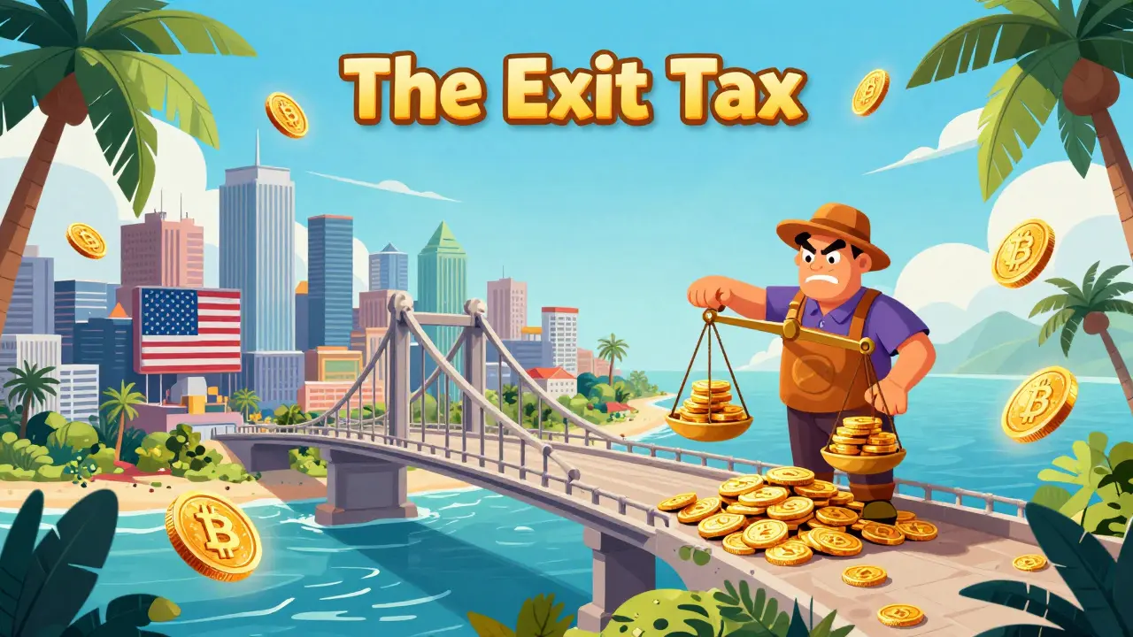 A character paying a toll of digital coins to cross a bridge toward a tropical paradise.