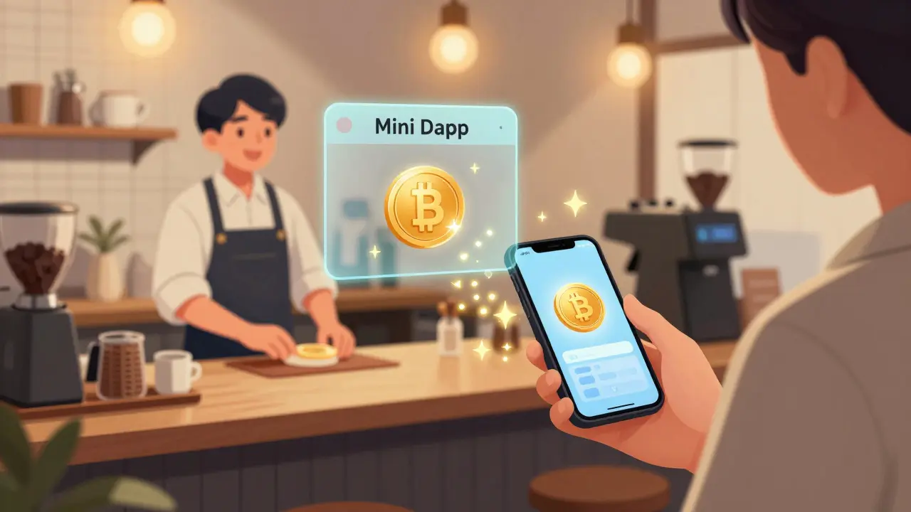 A customer using a floating digital app to pay for coffee in a Tokyo cafe