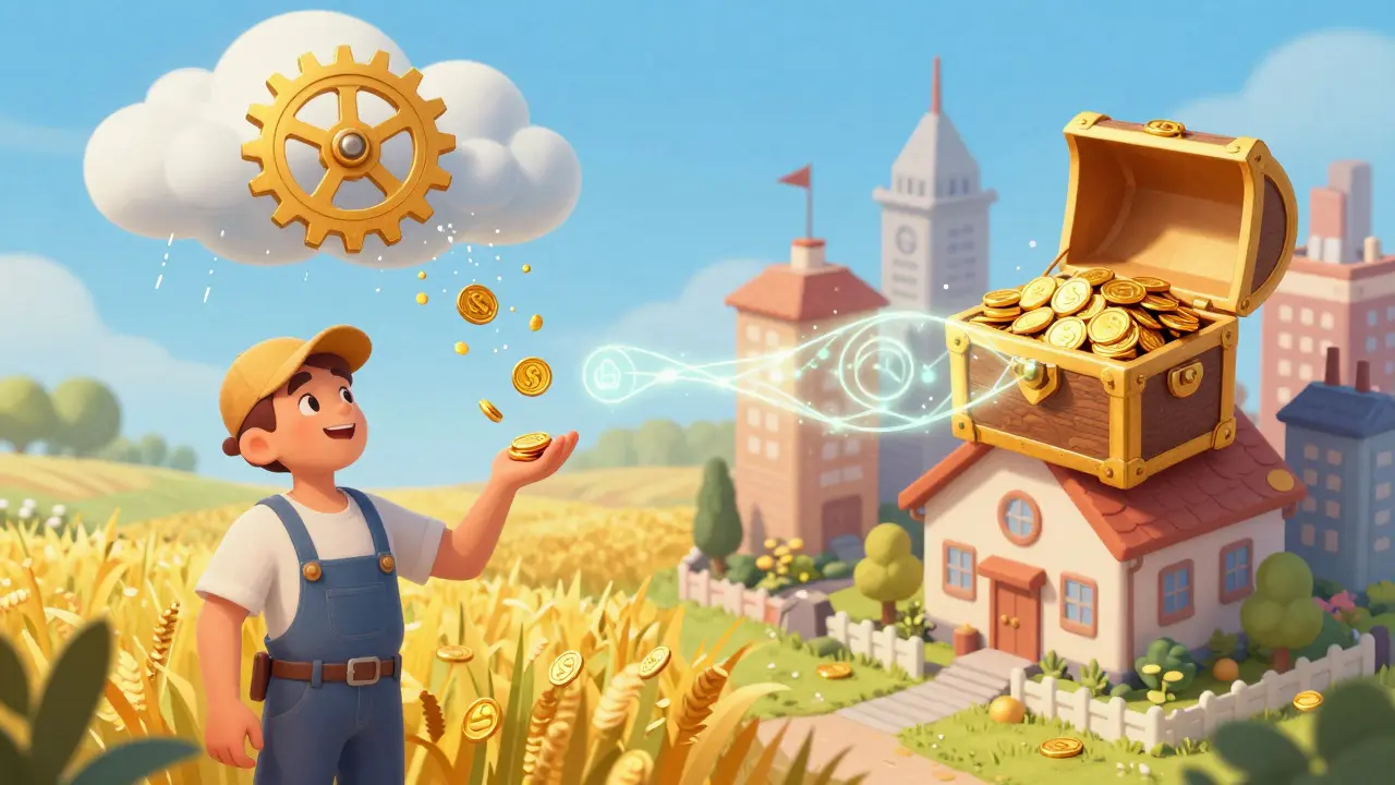 A farmer receiving automated payments from a magical gear in the sky.