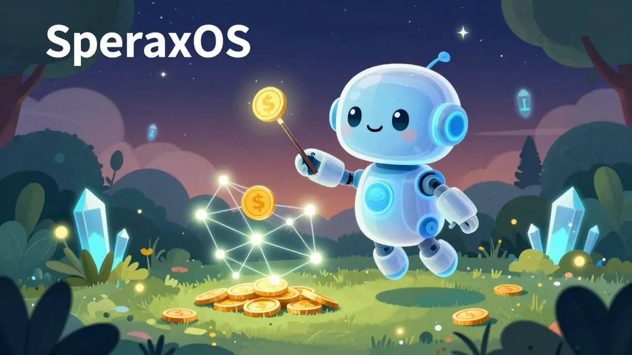 A friendly robot agent tending to a glowing network of coins in a digital garden.