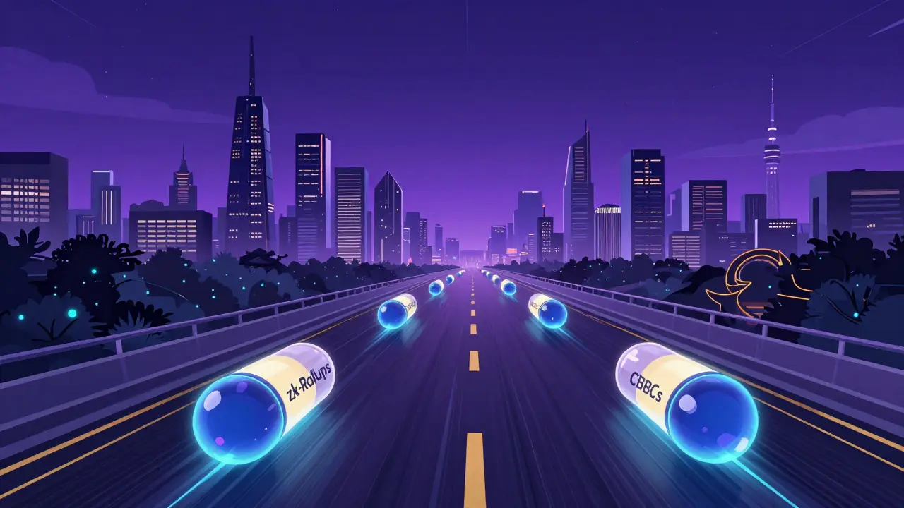 A futuristic digital highway connecting Seoul and Tokyo with glowing data streams