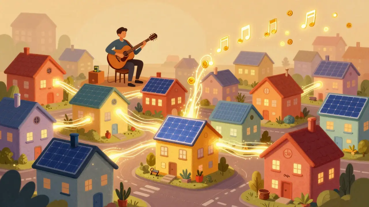 A futuristic neighborhood with sparkling energy ribbons connecting homes.