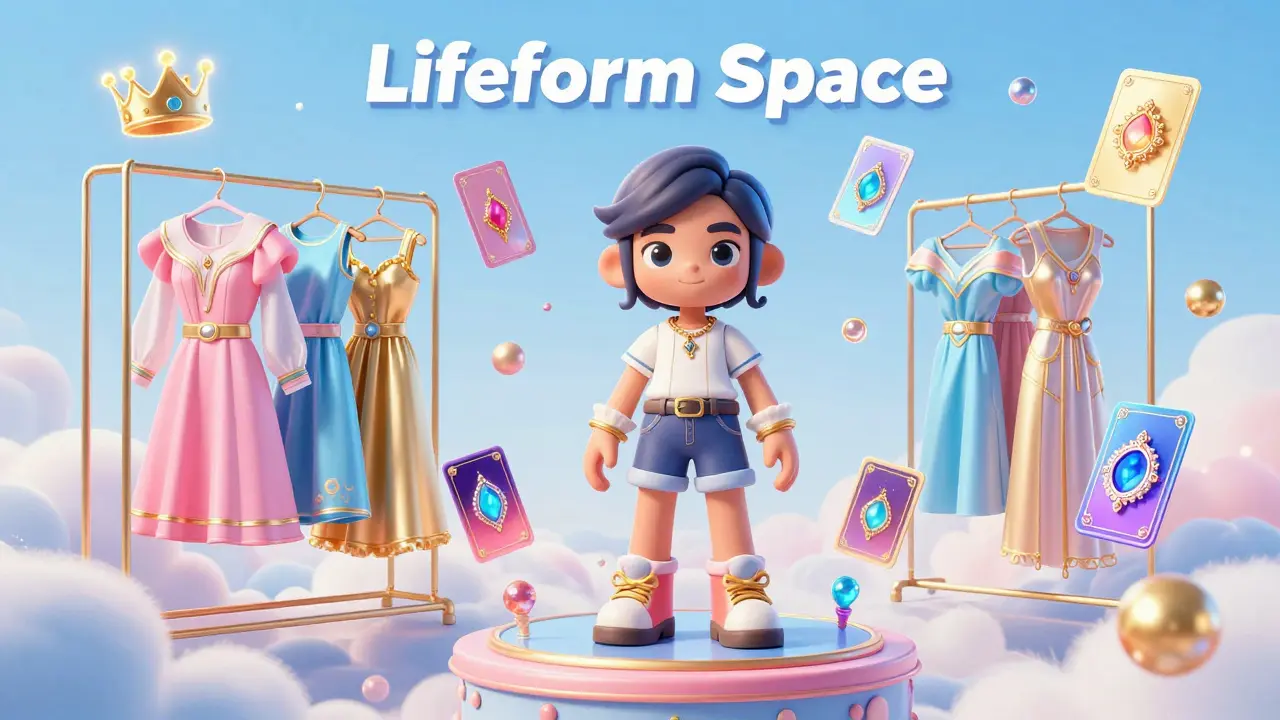 A high-fidelity 3D avatar being customized with glowing digital accessories and NFT cards