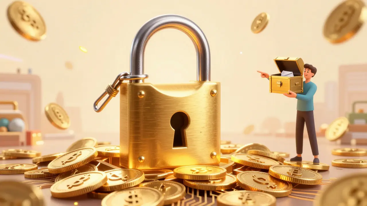 A large golden padlock closing over a pile of digital coins with a secure personal chest nearby.
