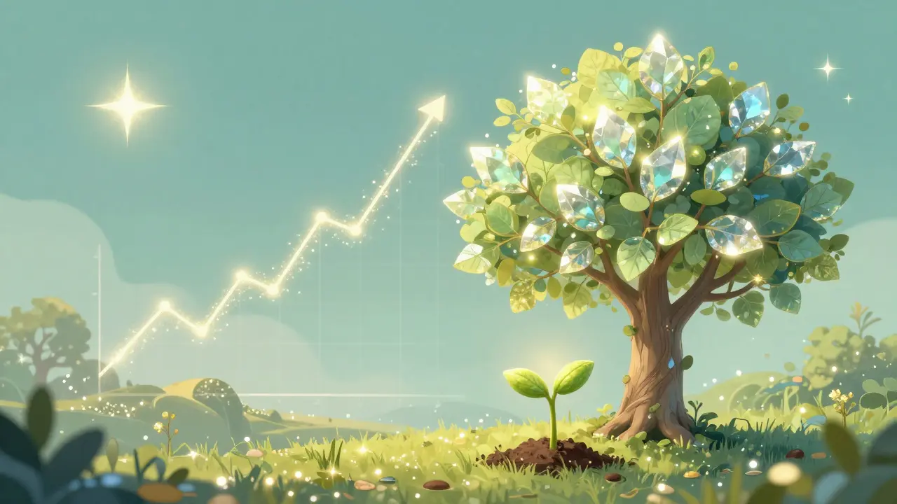 A luminous crystal tree growing from a KABY token seed