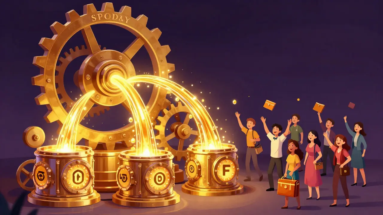 A magical golden engine distributing sparkling light droplets to various wallets.