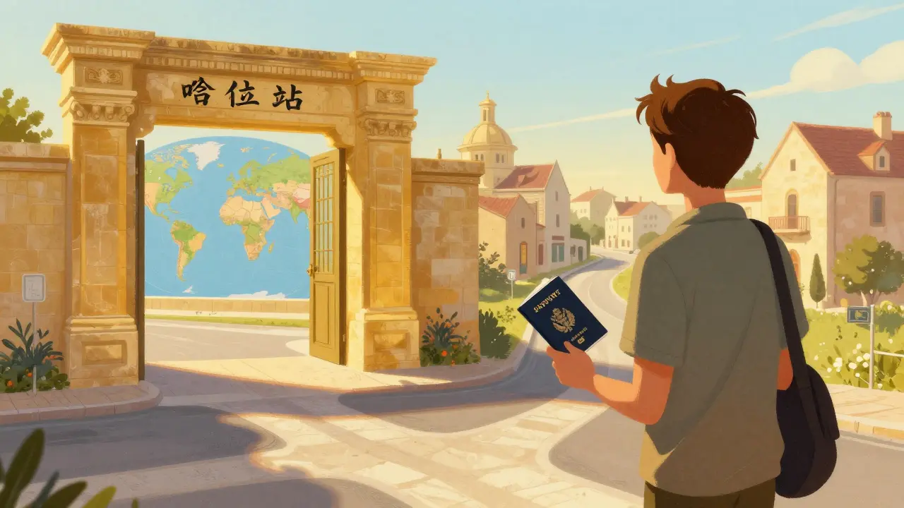 A person at a crossroads choosing between a new global passport and their former home.