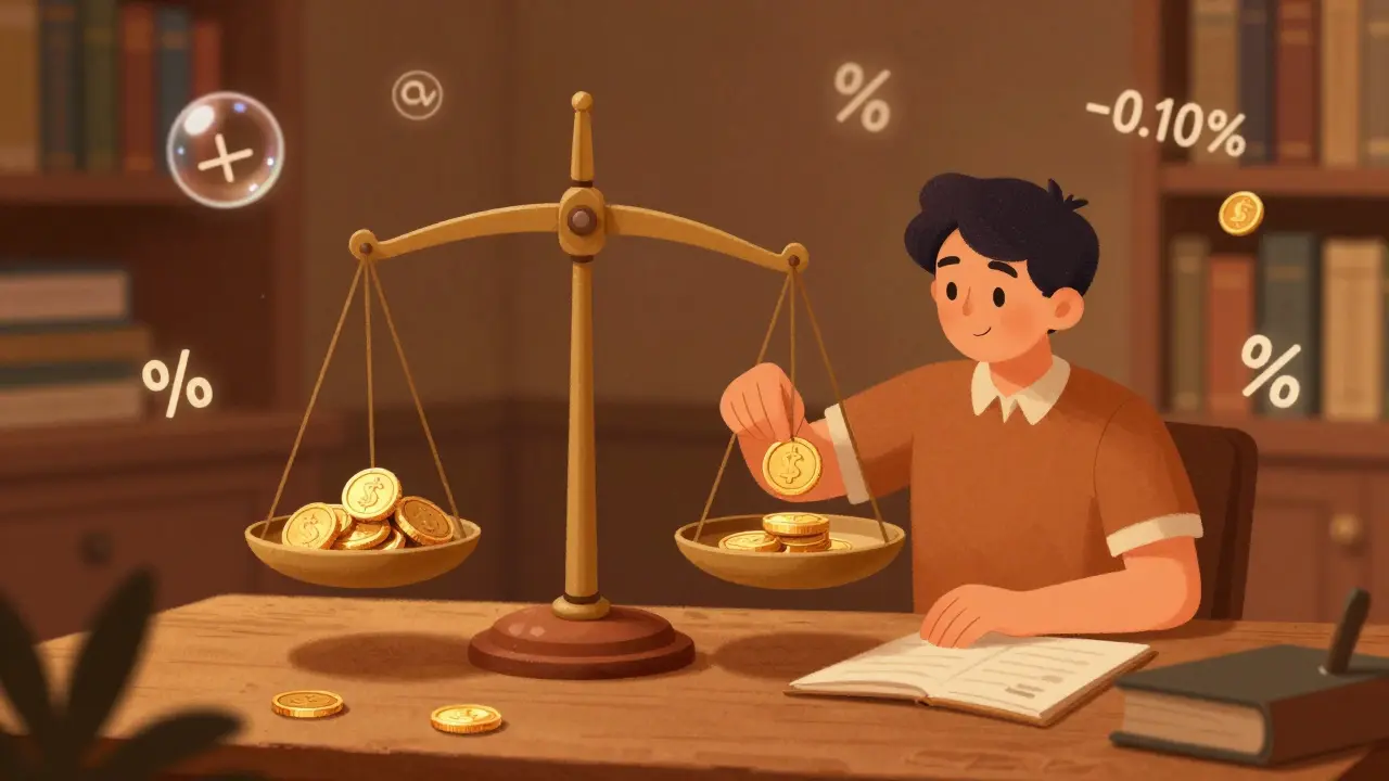 A person balancing a scale with gold coins in a cozy library setting.