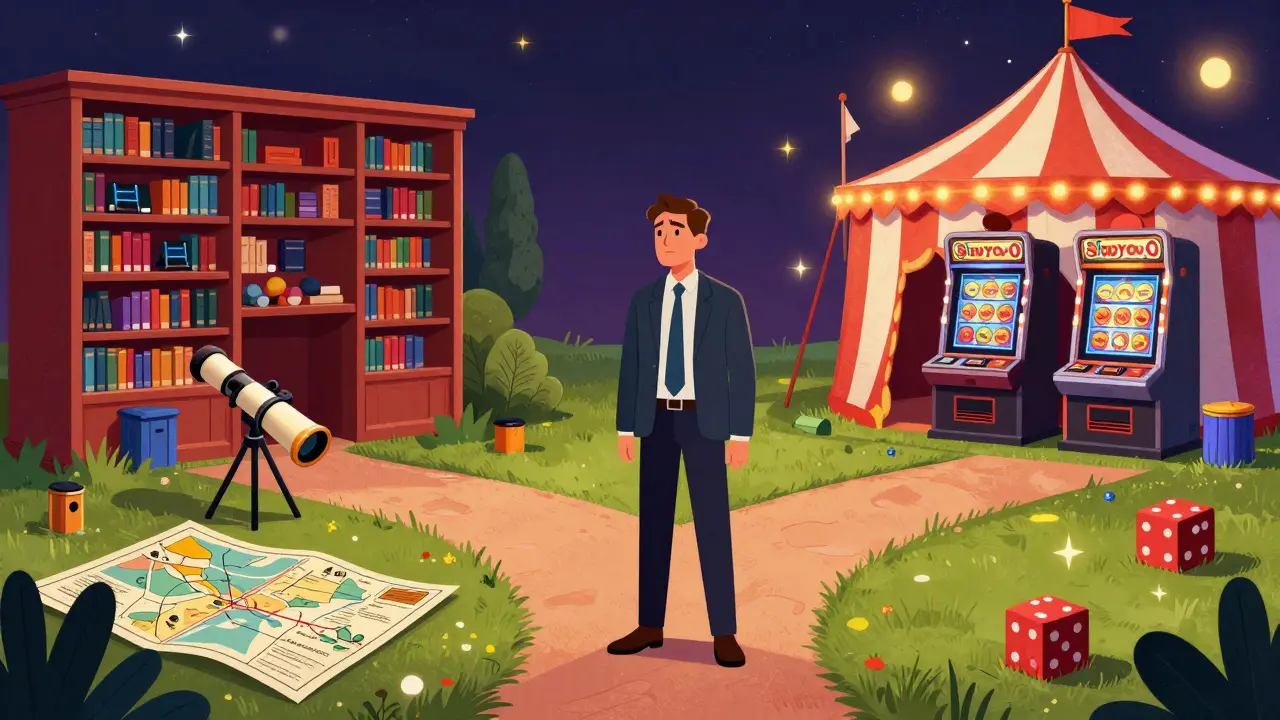 A person choosing between a professional library and a flashy gambling tent in a storybook scene.