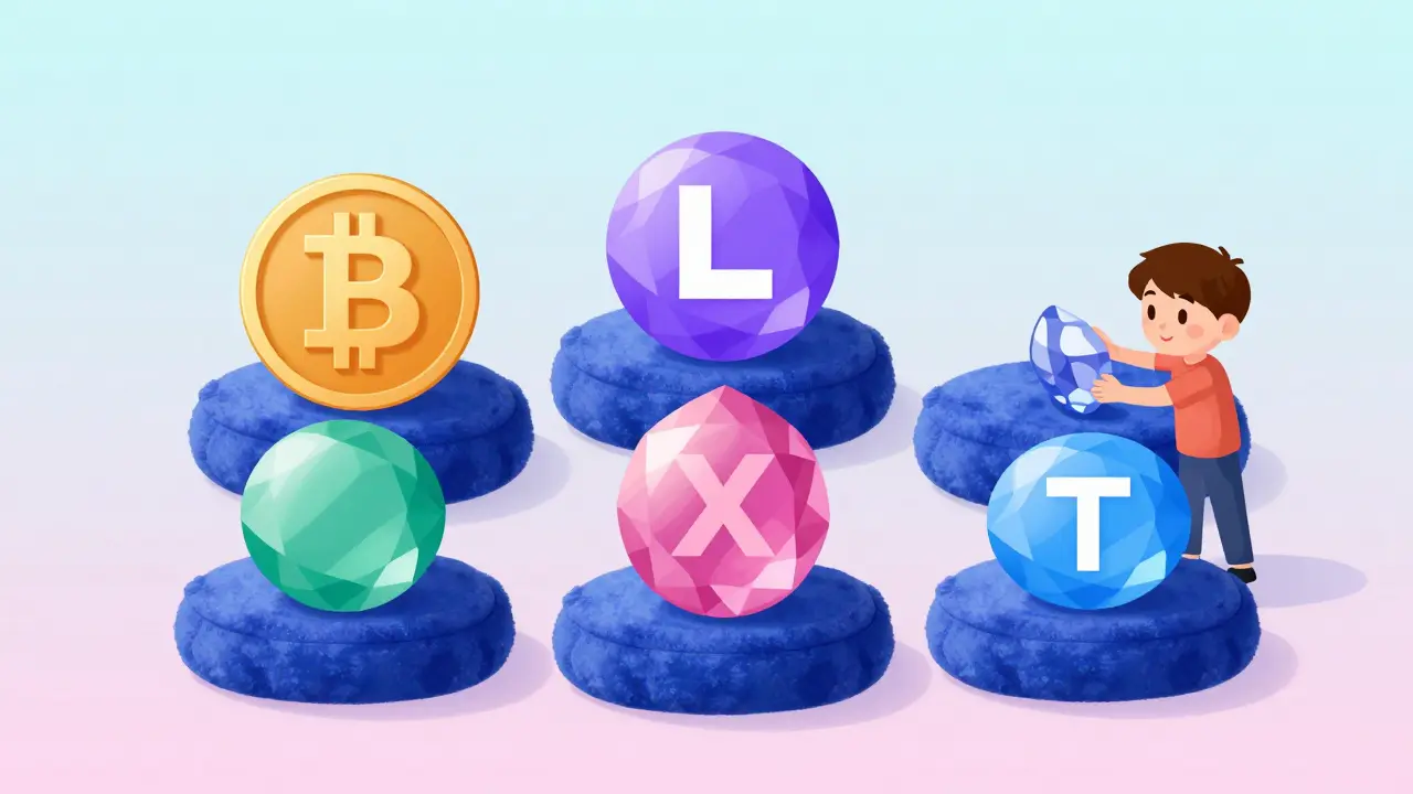 A person selecting one of five glowing crypto gemstones on velvet cushions