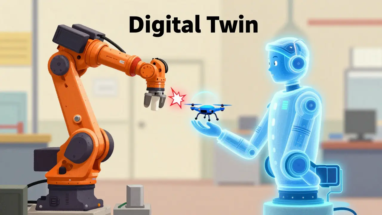 A physical robot arm and its glowing blue holographic digital twin side by side.