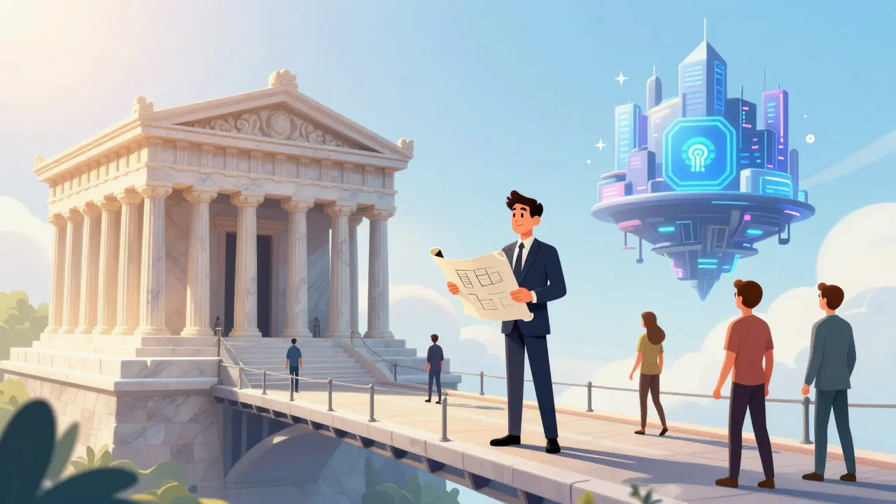 A professional bridge connecting a traditional temple to a futuristic blockchain city.