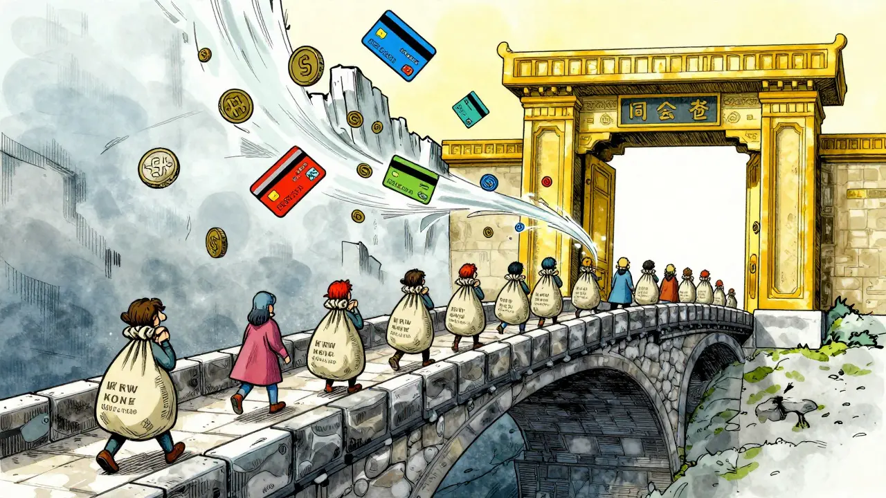 A restrictive stone bridge allowing only Korean Won currency in a whimsical illustration.