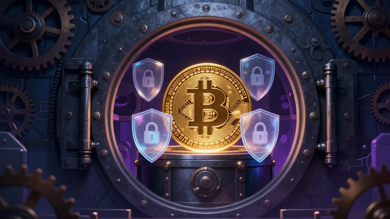 A secure underground vault protecting a gold Bitcoin with magical shields.