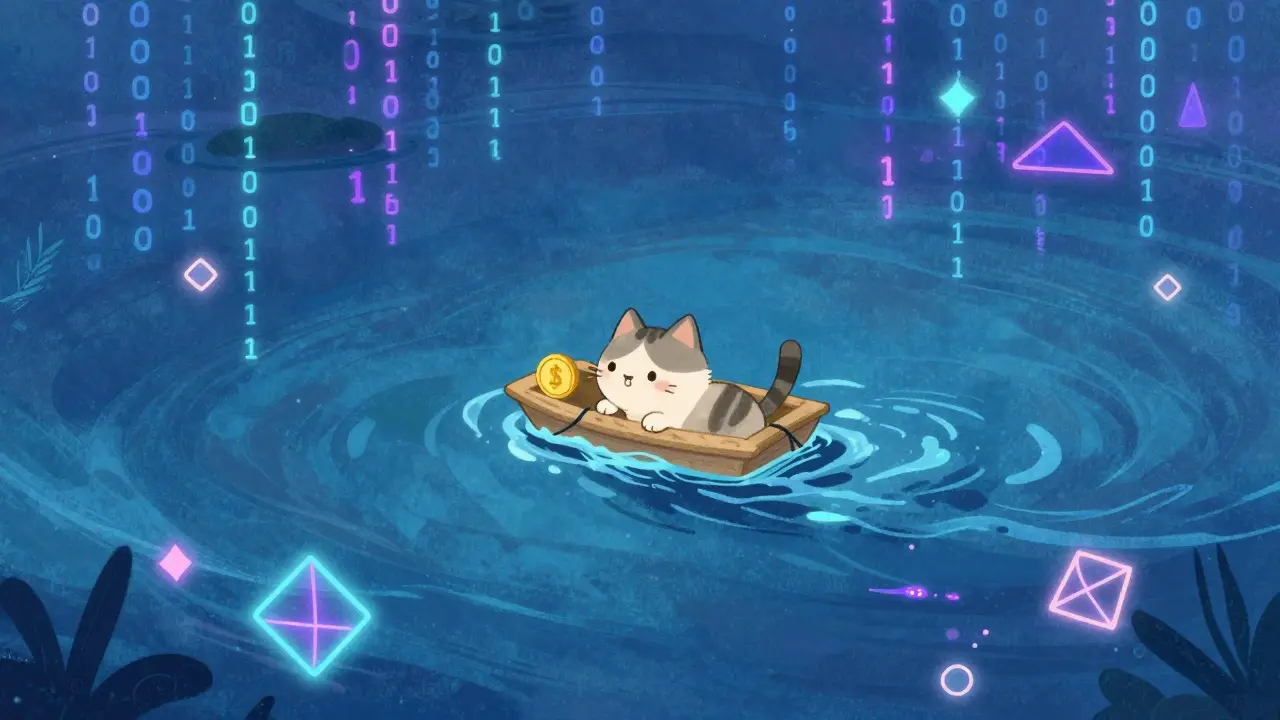 A small cat on a gold coin raft in a digital binary ocean illustration.