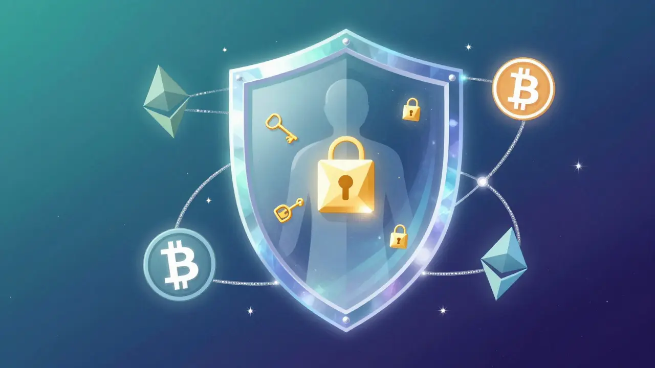 A stylized human figure protected by a crystalline shield with blockchain symbols