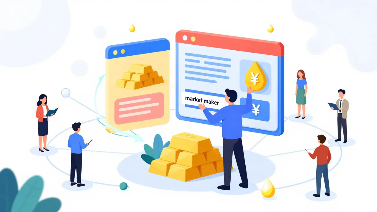 A trader managing a colorful floating dashboard with gold and oil icons in a friendly style.