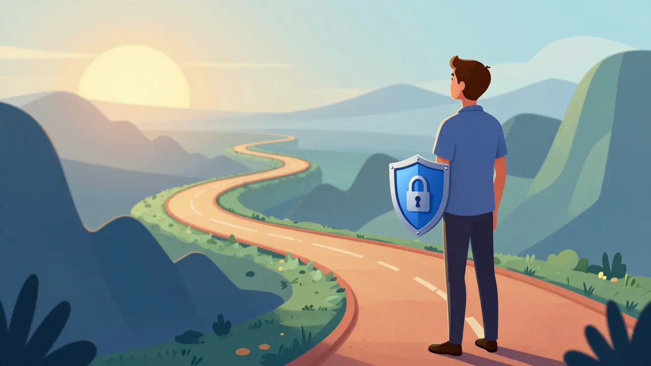 A trader with a security shield standing on a winding, colorful path representing market volatility.