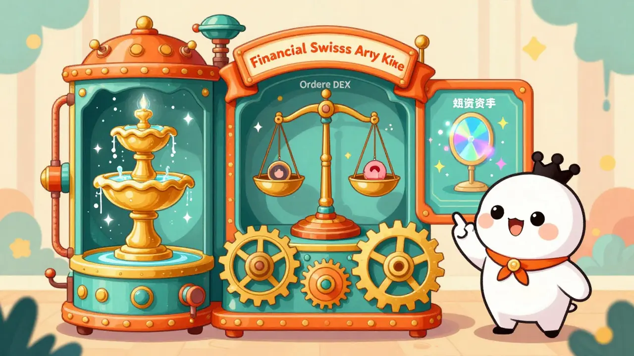 A whimsical steampunk machine illustrating lending, trading, and synthetic assets in DeFi.