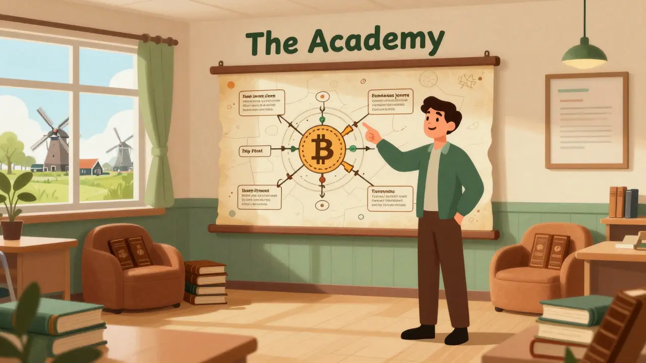 An inviting classroom with a mentor teaching Bitcoin fundamentals.