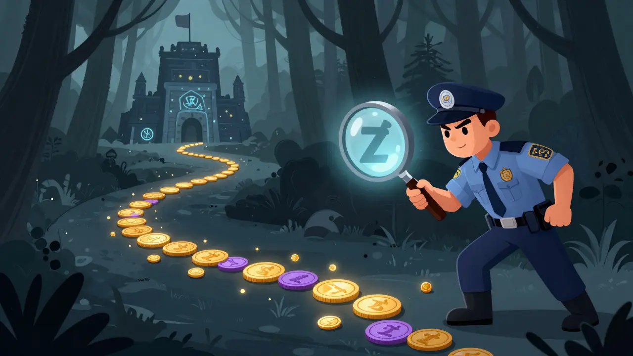 An officer using a giant magnifying glass to trace glowing coins through a dark cyber-forest.