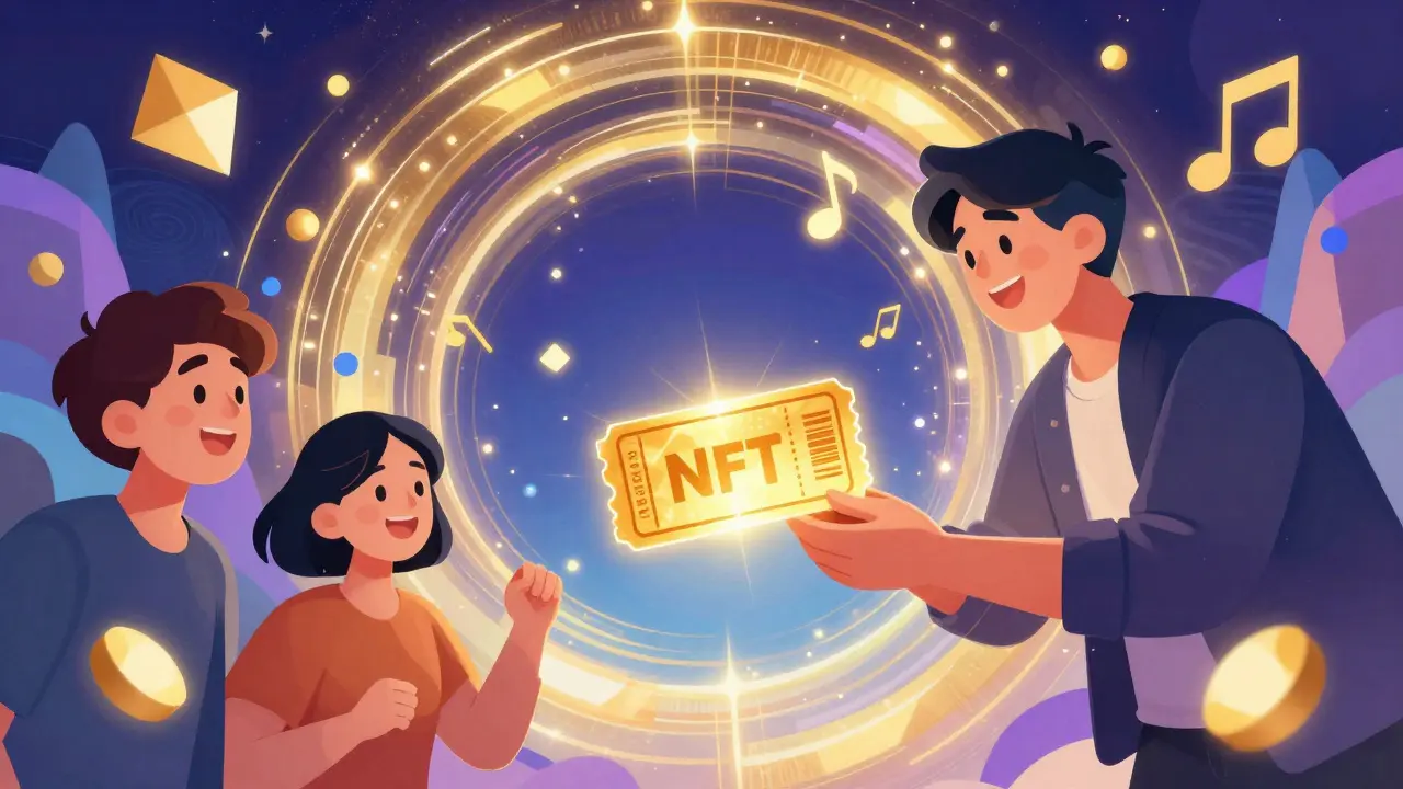 Artist giving a glowing digital NFT ticket to a fan in storybook style