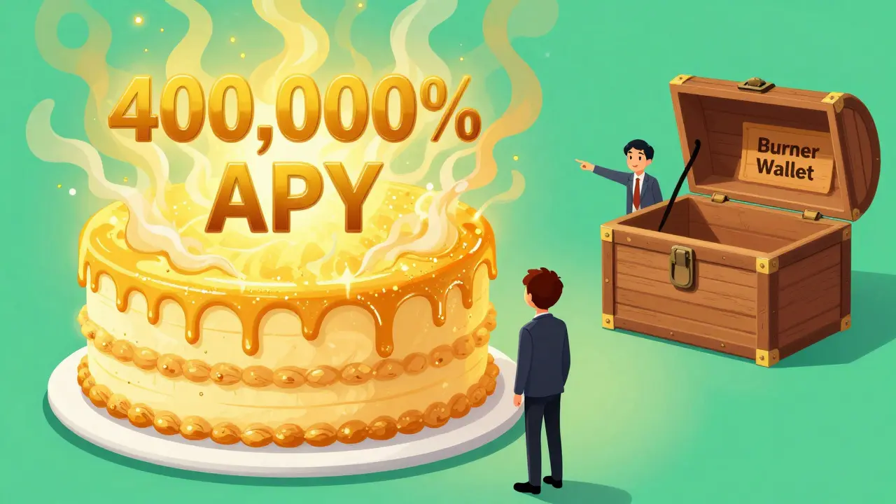 Character observing an evaporating golden cake of high rewards next to a safe wallet