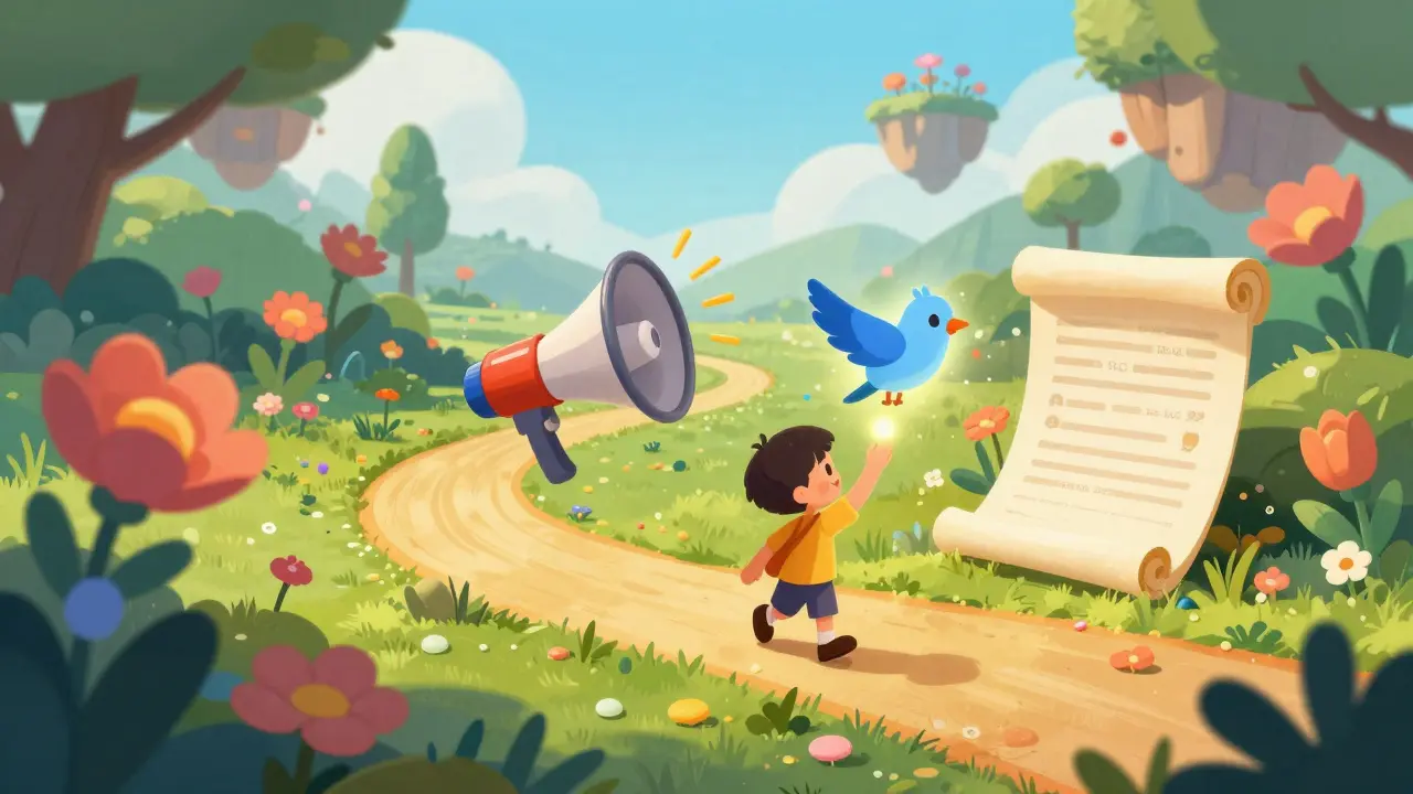 Character on a whimsical quest following a golden path through a fantasy garden.