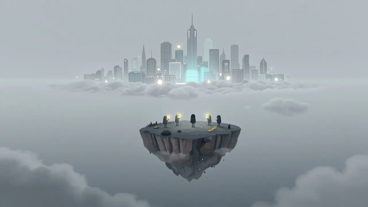 Characters on a lonely island holding coins while looking at a distant financial city.