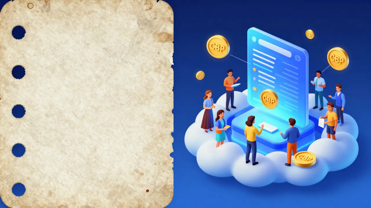 Comparison between an old paper punch card and a glowing digital blockchain reward system.