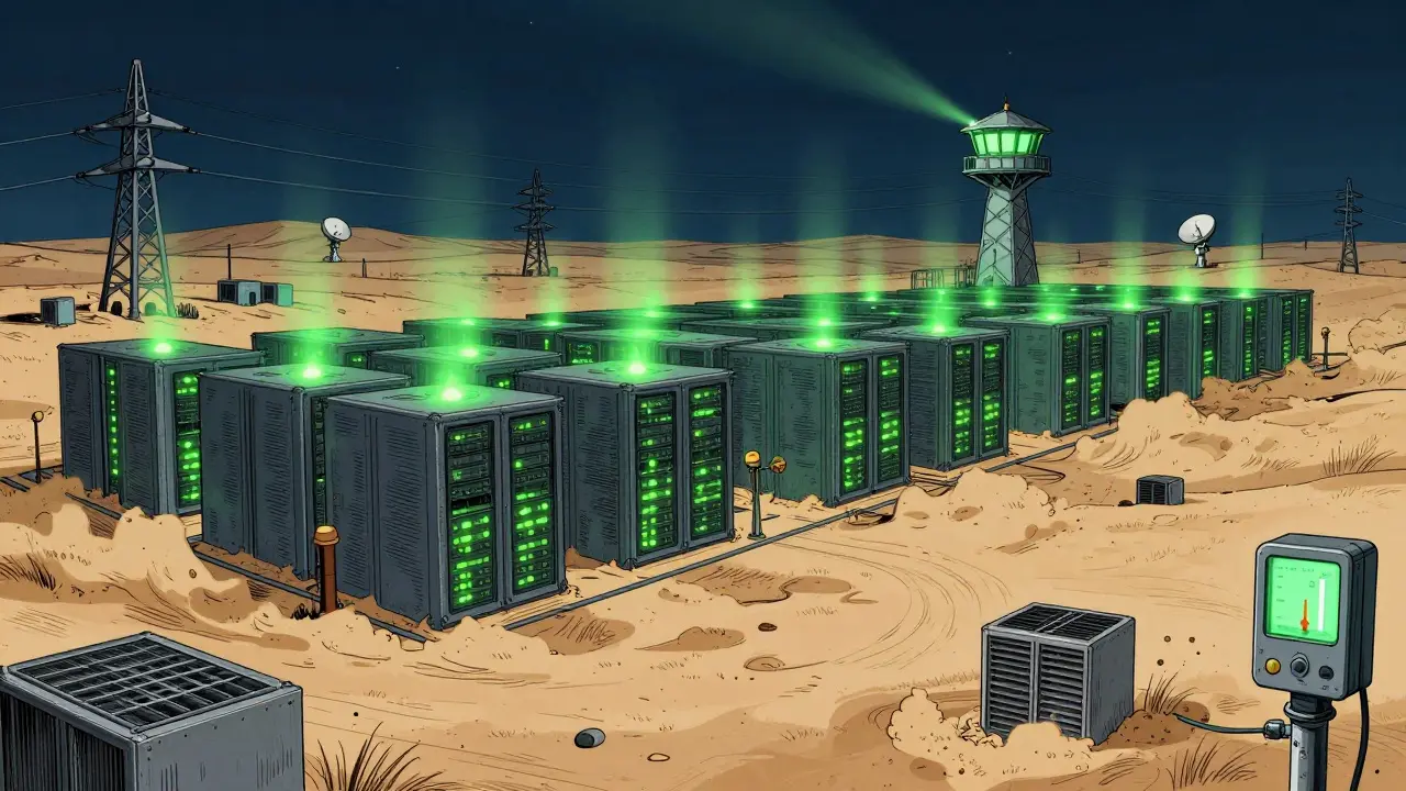 Desert mining farm with server racks glowing under satellite dishes and power lines in storybook art.
