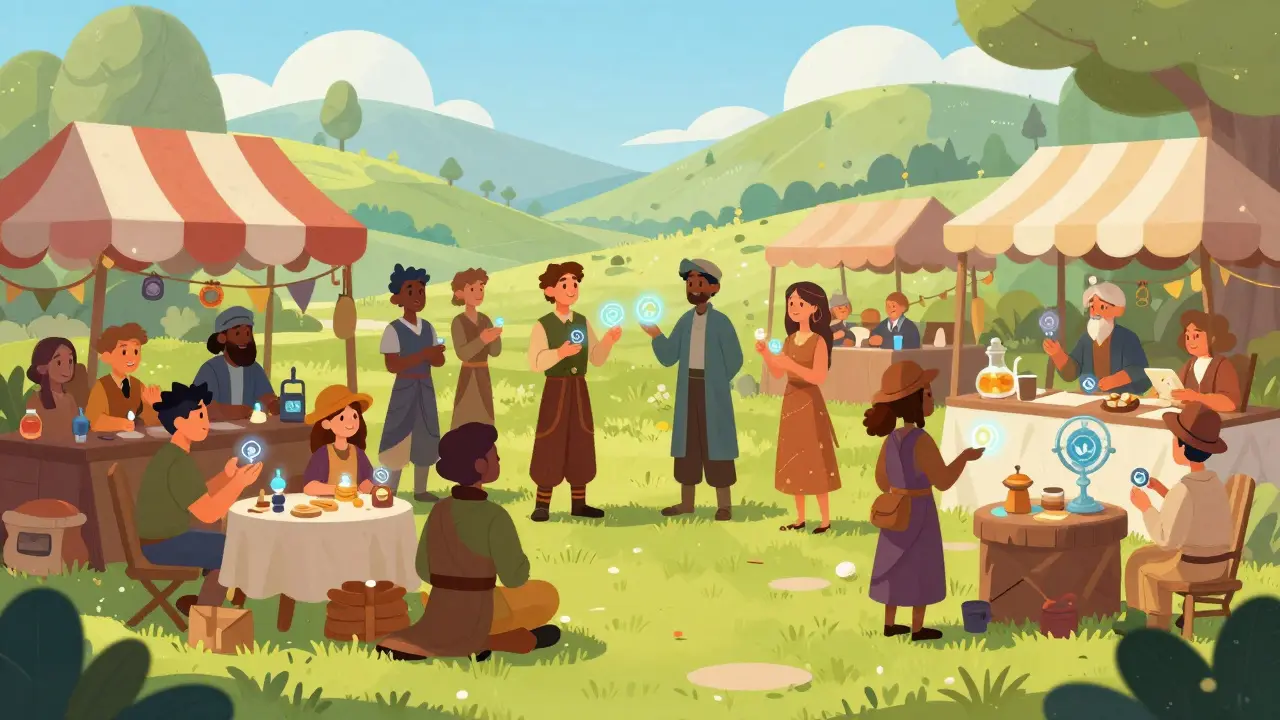 Fantasy characters trading digital tokens and magical items in a sunny outdoor market.