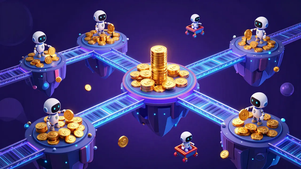Friendly robots moving gold tokens across floating digital islands connected by neon bridges.